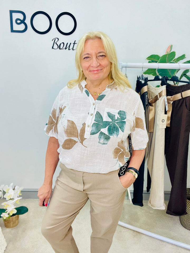 LADIES LEAF PRINT LINEN GRANDAD SHIRT TOP - WHITE & KHAKI
