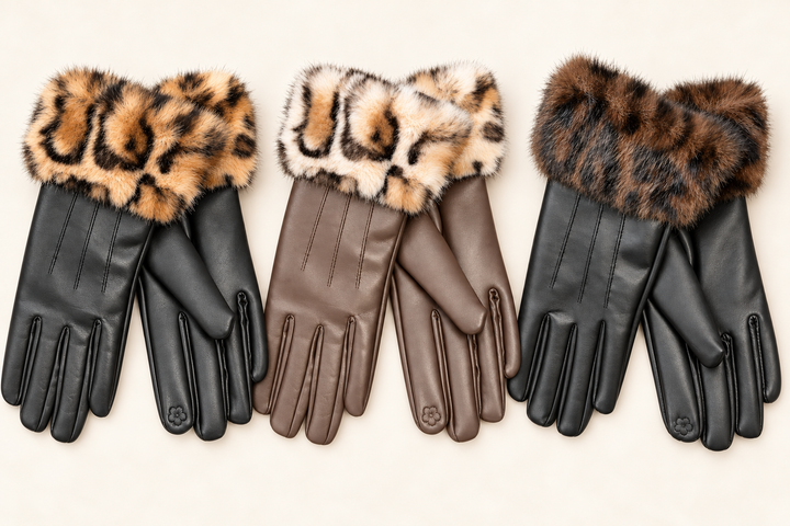 Womens Faux Leather & Fur Cuff Gloves - Black & Brown