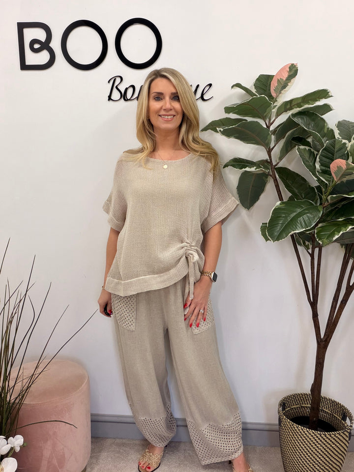 Ladies Fashion Teabag Linen Short Sleeve Top light beige