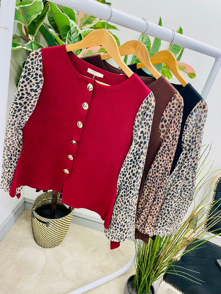 LADIES KNITTED LEOPARD SLEEVE CARDIGAN TOP - BLACK, WINE, BROWN