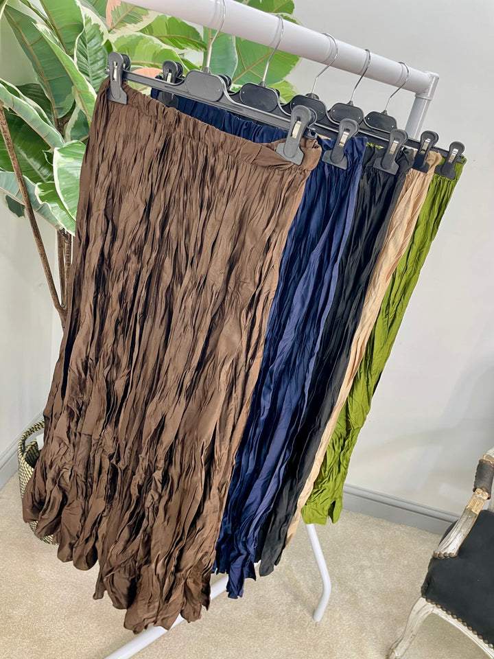 LADIES CRINKLE SATIN MAXI SKIRT - OLIVE, BROWN, NAVY, BLACK, GOLD