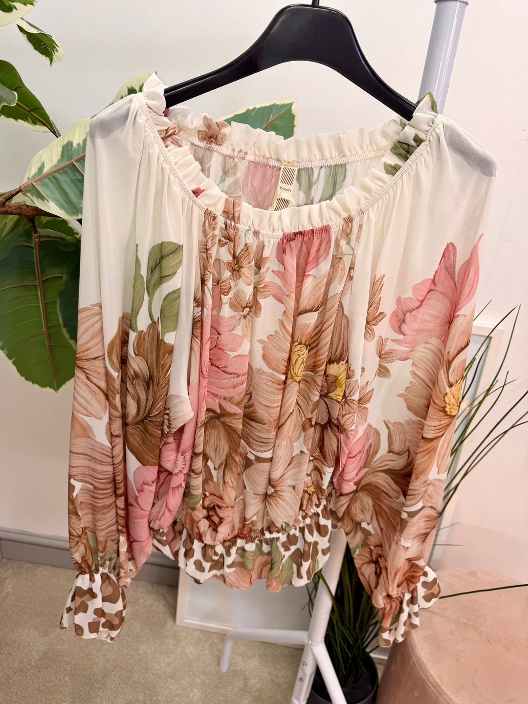 Ladies Fashion Flower Print Bardot Top Blouse - Pink, Lemon, Green & Blue