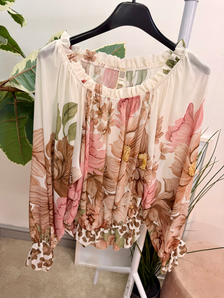 Ladies Fashion Flower Print Bardot Top Blouse - Pink, Lemon, Green & Blue