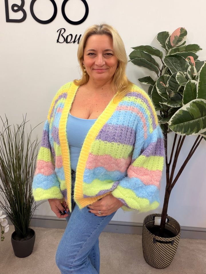 LADIES RAINBOW PASTEL STRIPE CHUNKY KNIT OVERSIZE CARDIGAN
