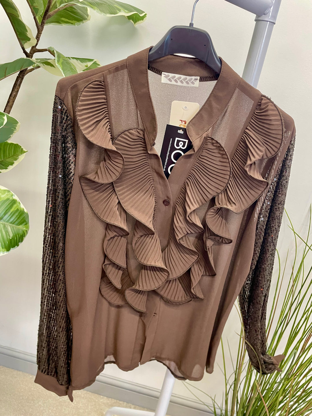 LADIES SEQUIN ARM FRILL BLOUSE - BLACK, SILVER, BERRY, BEIGE & BROWN