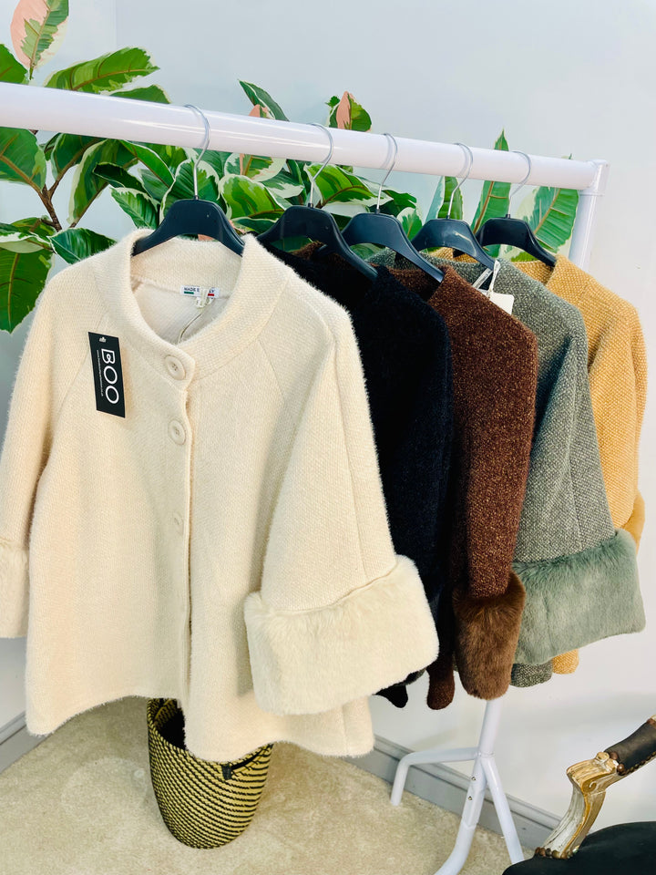LADIES BOLERO FAUX FUR CARDIGAN JACKET - BLACK, CREAM, CAMEL, KHAKI & BROWN