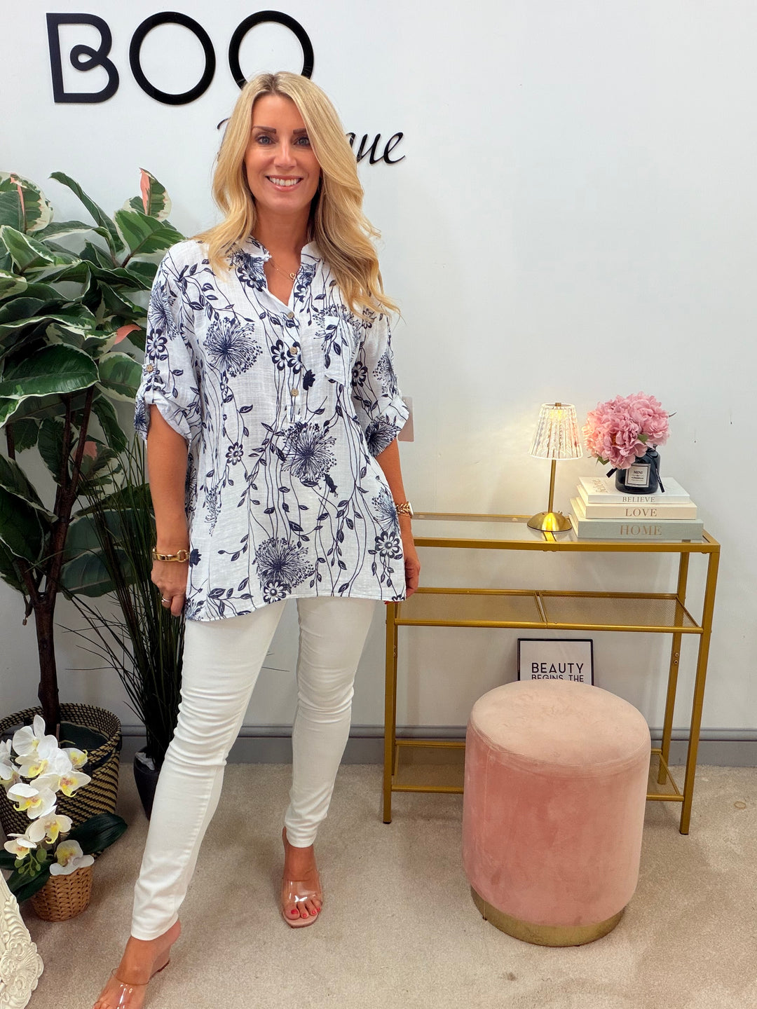 Ladies Fashion White & Navy Light Linen Grandad Top