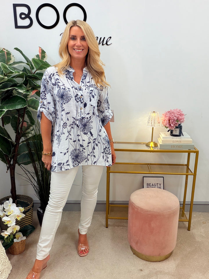 Ladies Fashion White & Navy Light Linen Grandad Top