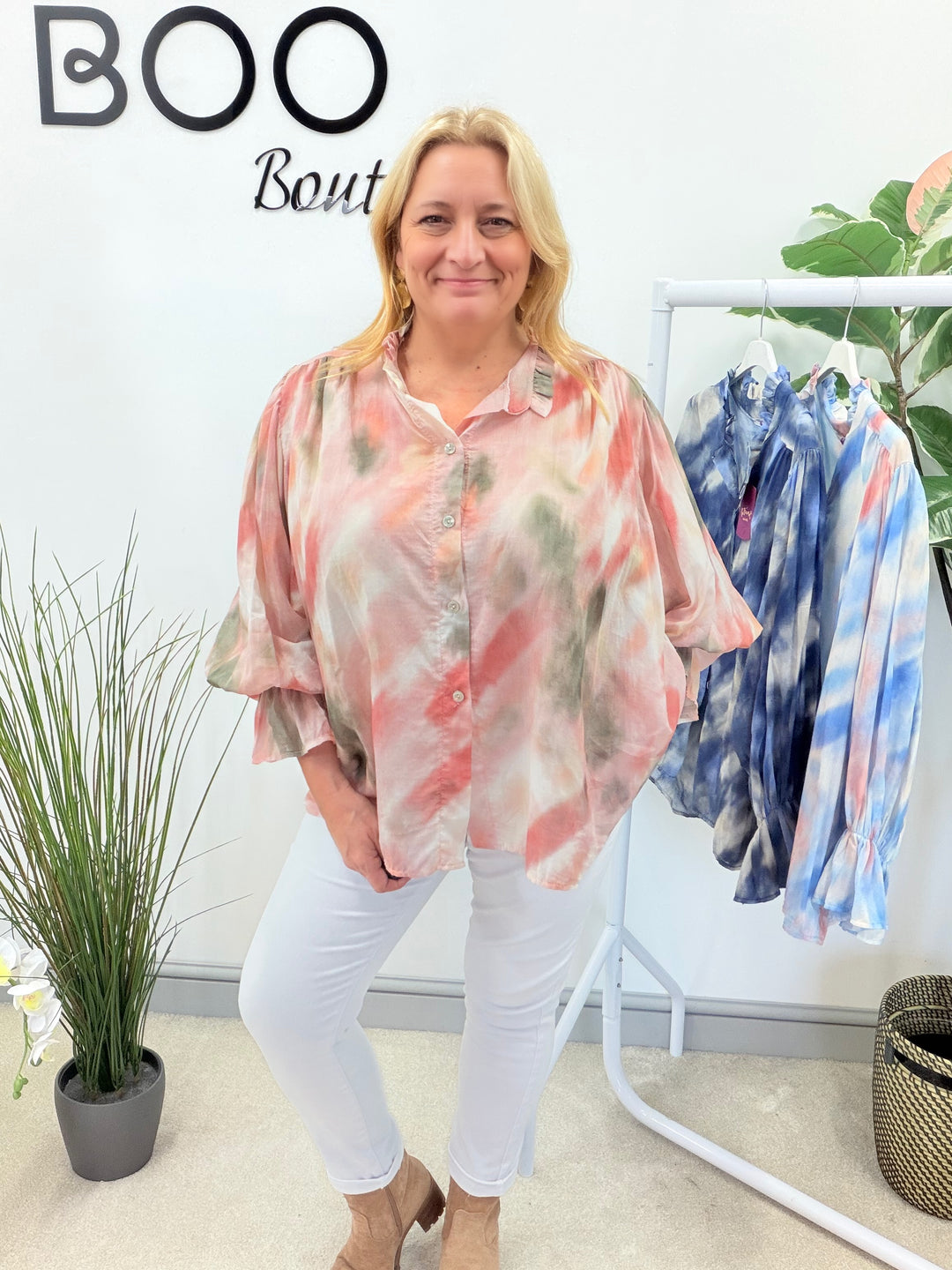 LADIES TIE DYE LOOSE FIT BLOUSE - PINK, NAVY, PALE BLUE