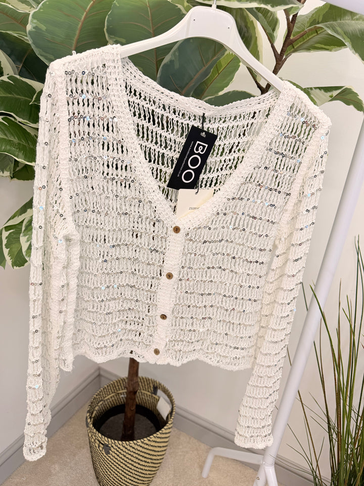 Ladies Fashion White Sequin Sparkly Crochet Bolero Cardigan