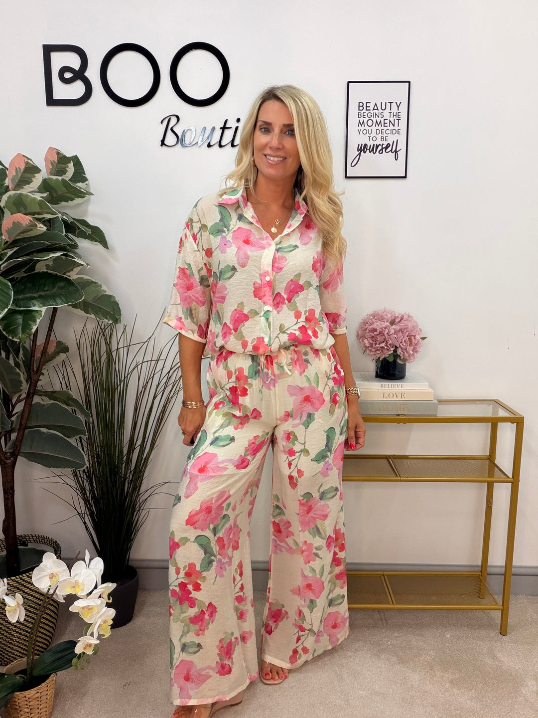 Ladies Fashion Beige Leaf & Flower Print Wide Leg Trouser Co ord Set - Pink & Khaki
