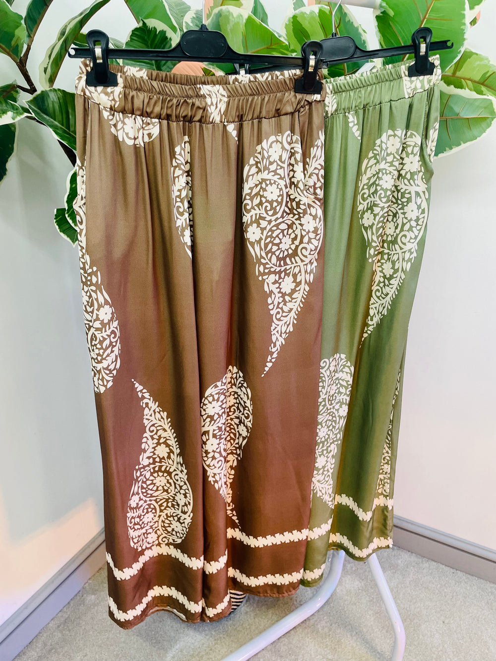 LADIES WOMENS SATIN PALAZZO PANTS TROUSERS - KHAKI & BROWN
