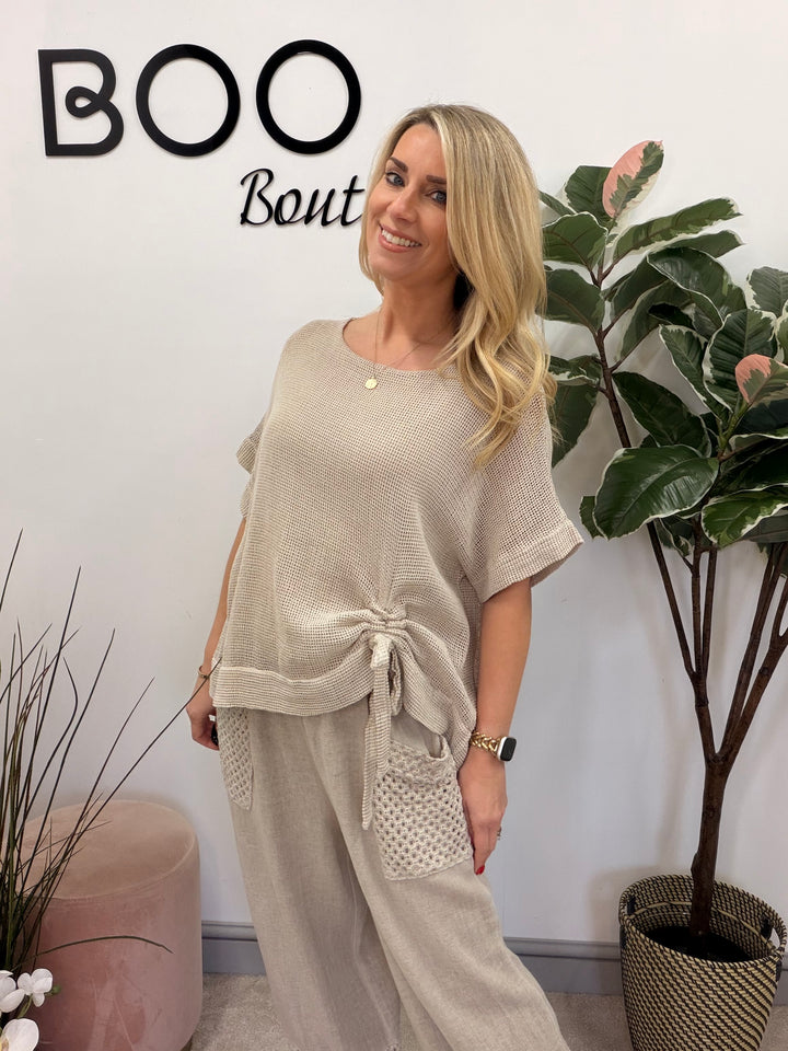 Ladies Fashion Teabag Linen Short Sleeve Top light beige