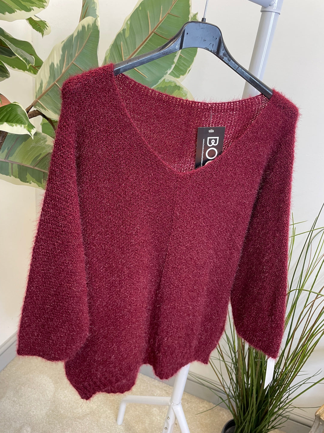LADIES FLUFFY KNIT V NECK JUMPER - BROWN, BERRY, BLACK & NAVY