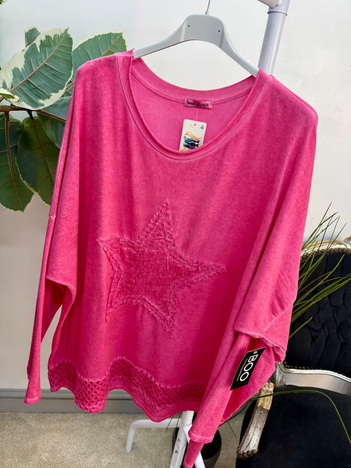 Ladies Fashion Oversize Star Sweatshirt style Top - black, white, pink, raspberry & grey