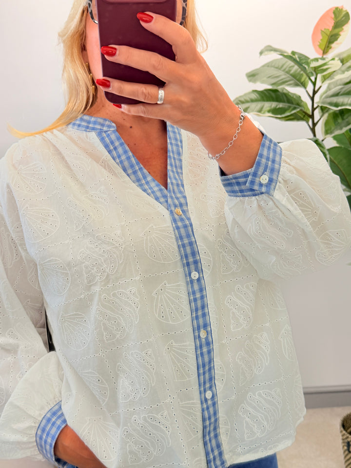 Ladies Fashion White Broderie Anglaise Denim Detail Blouse To