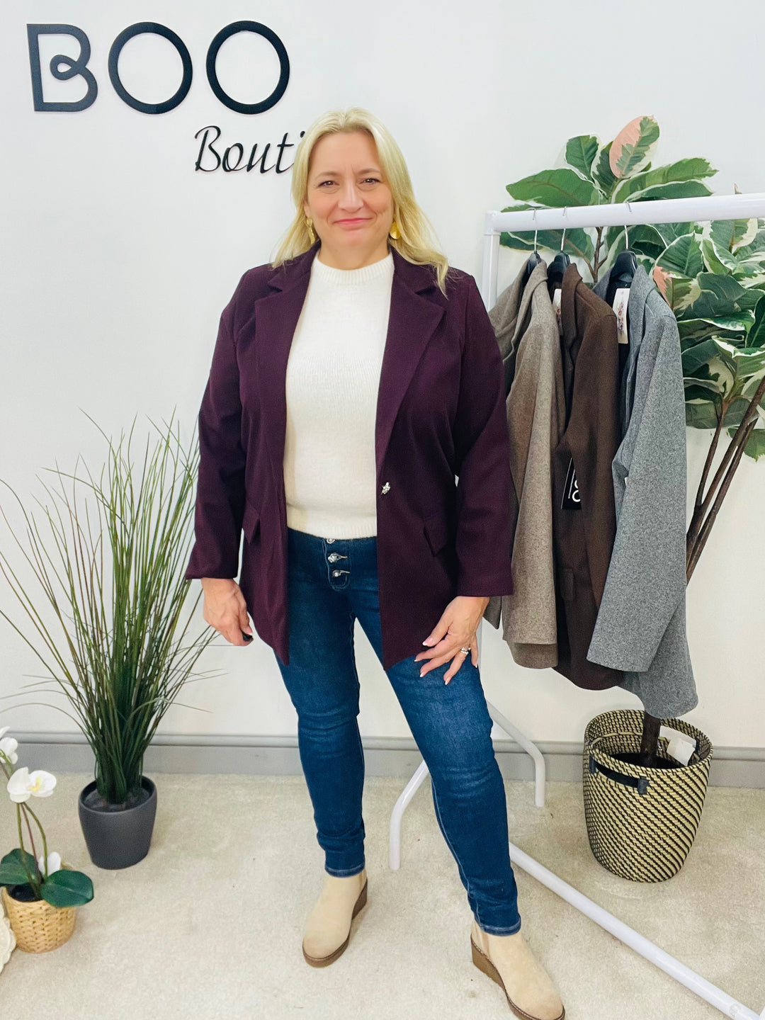 LADIES HERRINGBONE FASHION BLAZER - PLUM, GREY, BEIGE & BROWN