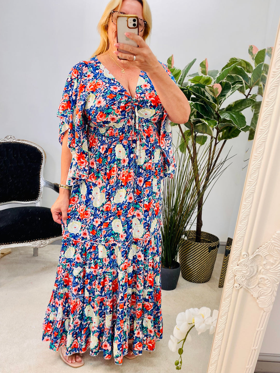 LADIES BOHO SUMMER BLUE & RED FLORAL PRINT MAXI DRESS