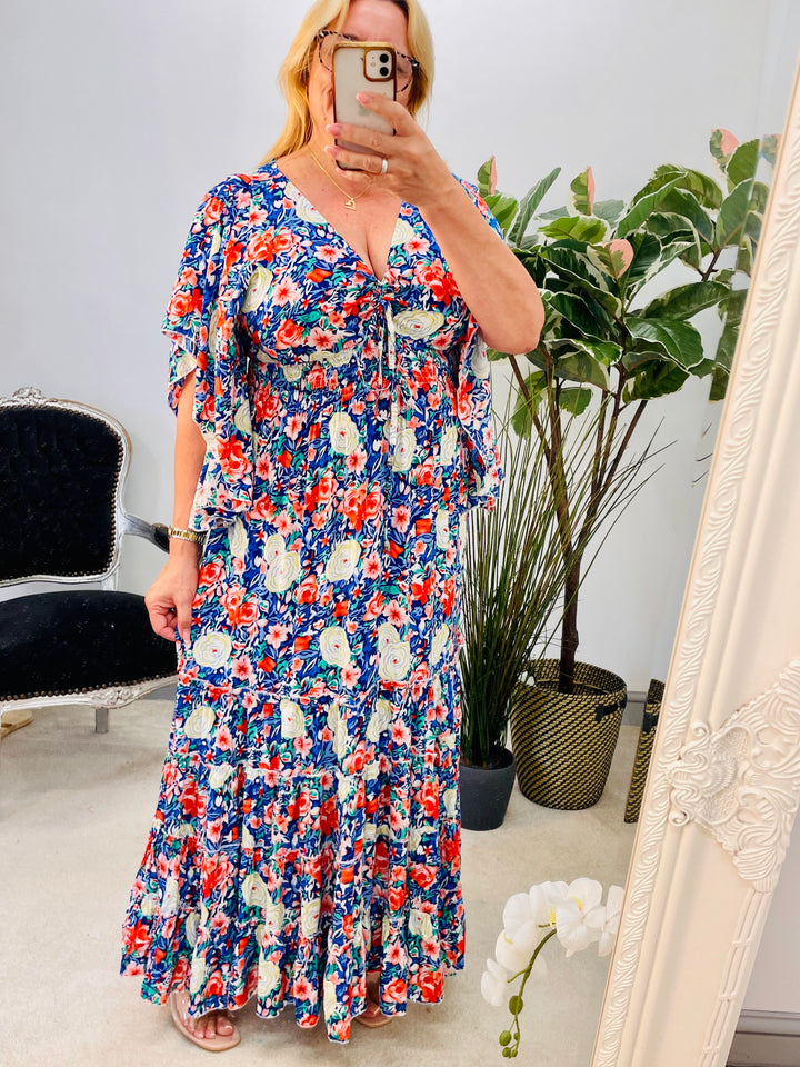 LADIES BOHO SUMMER BLUE & RED FLORAL PRINT MAXI DRESS