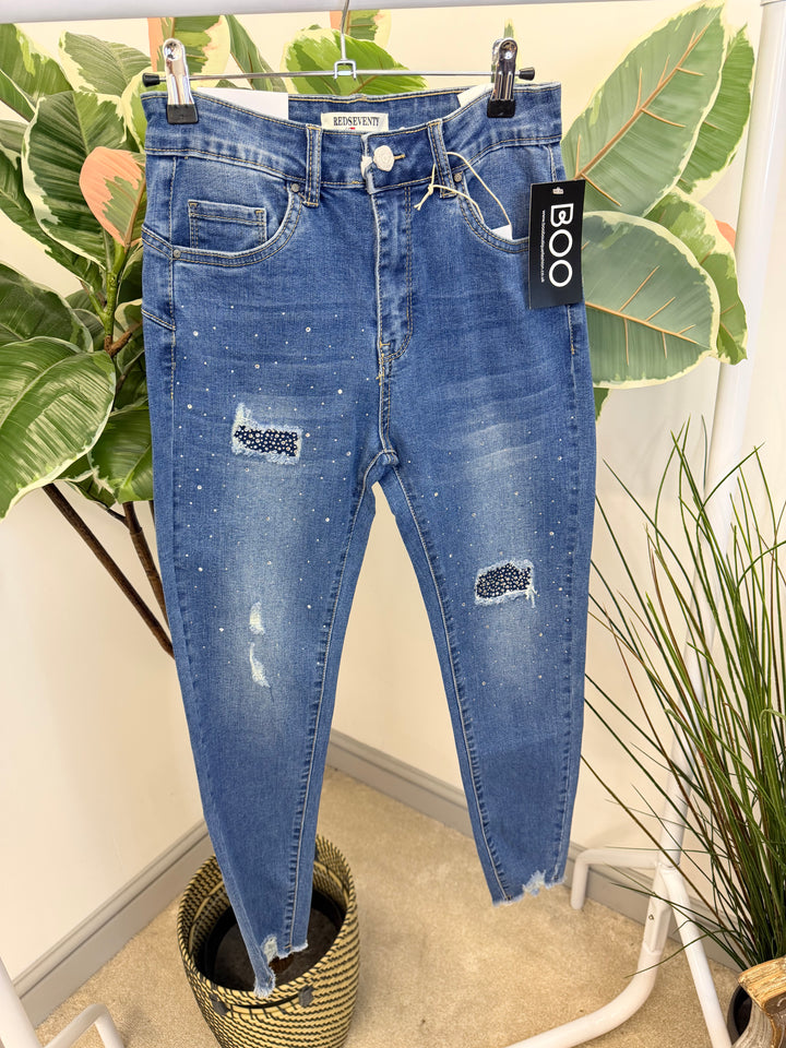 LADIES FASHION SPARKLY DIAMANTE DISTRESSED JEANS