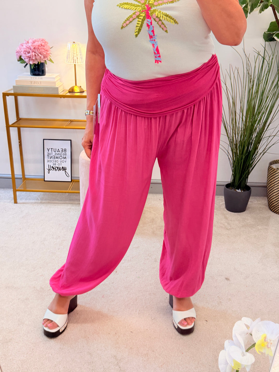 Ladies Harem Balloon Leg Summer Trousers - Black, Chocolate, Pink, Roya Blue & Navy
