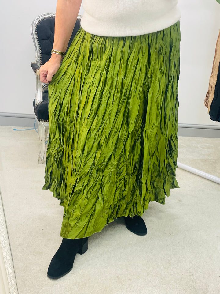 LADIES CRINKLE SATIN MAXI SKIRT - OLIVE, BROWN, NAVY, BLACK, GOLD