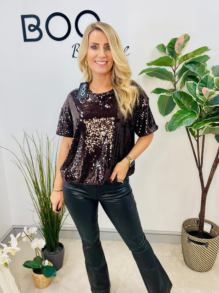 LADIES SEQUIN PARTY TOP - BERRY, BLACK & BROWN