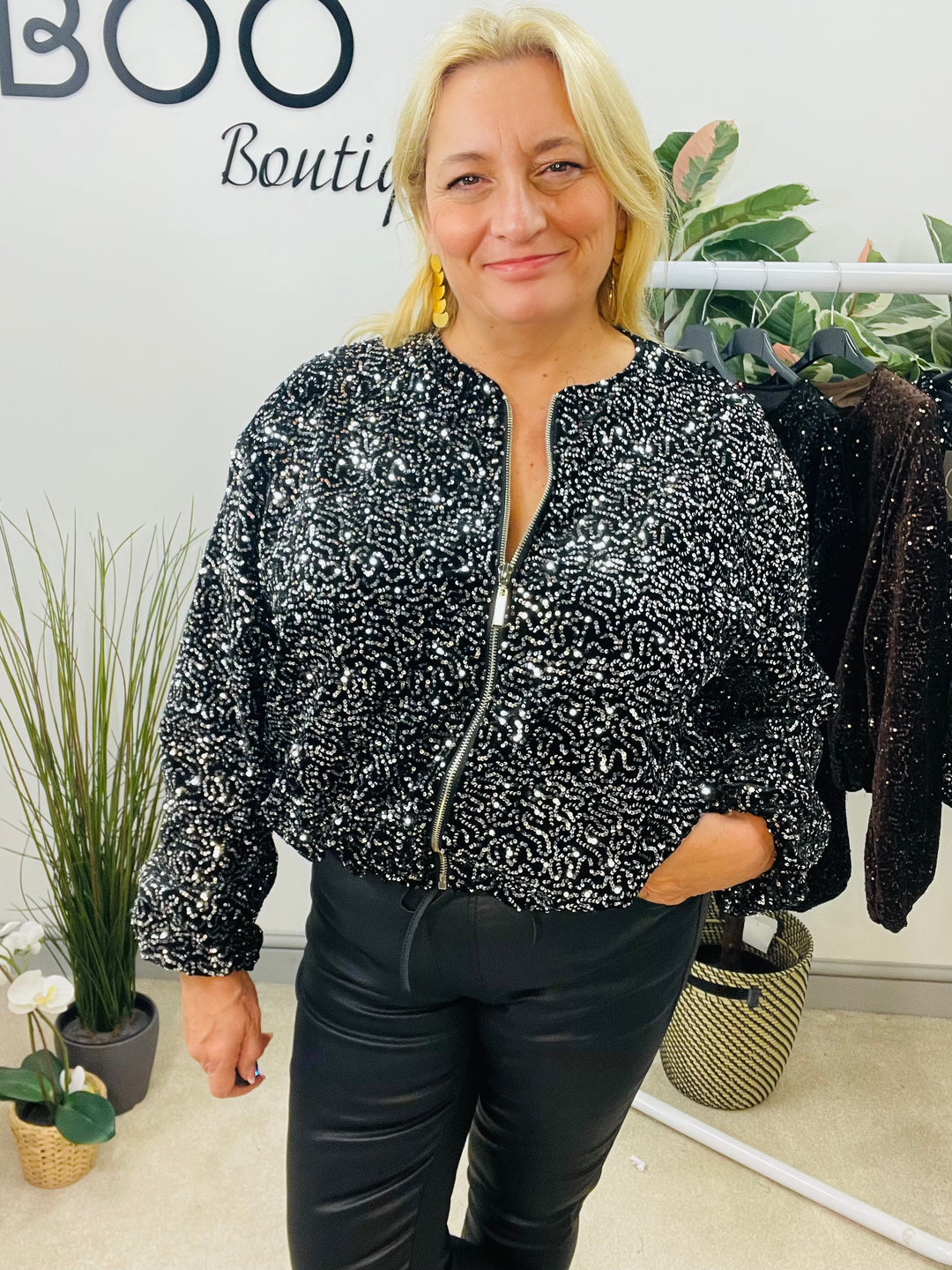 LADIES SEQUIN BOMBER JACKET - BLACK, SILVER, BERRY, BROWN