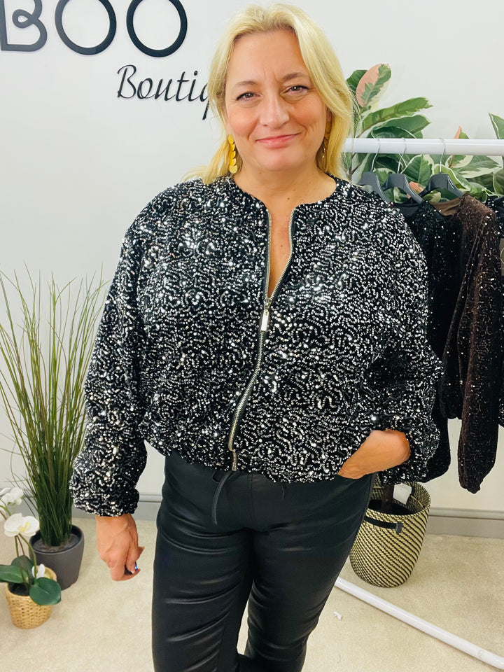 LADIES SEQUIN BOMBER JACKET - BLACK, SILVER, BERRY, BROWN