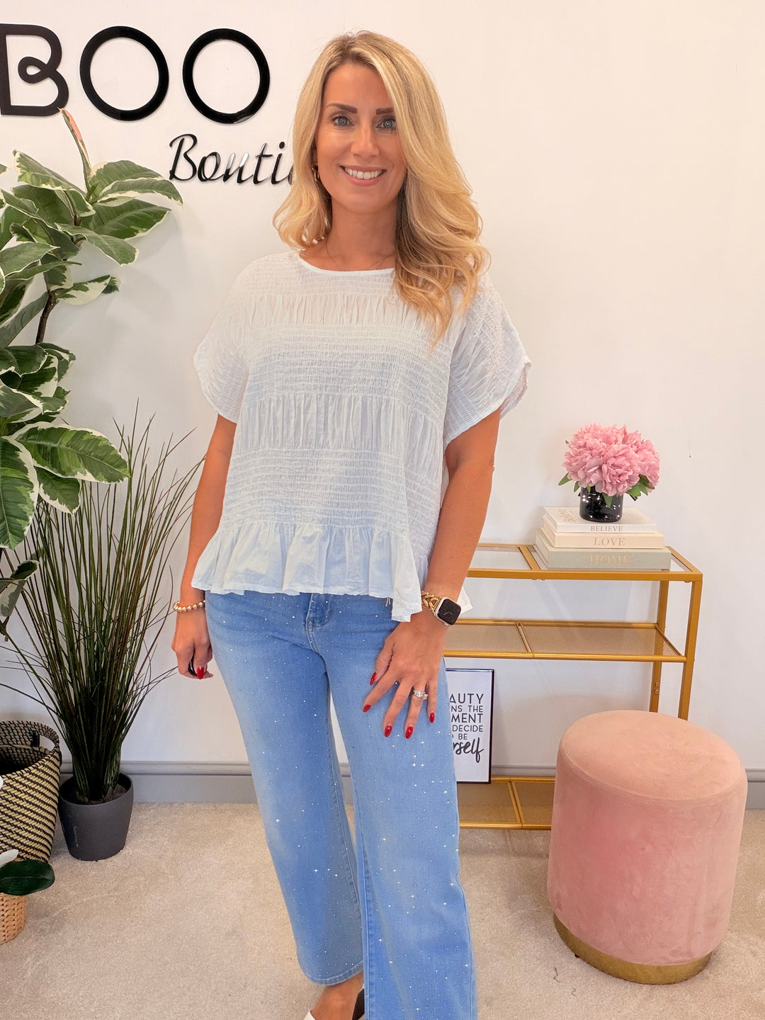 Ladies Cotton Elasticated Summer Top - White, Blue, Mint, Pink & Brown