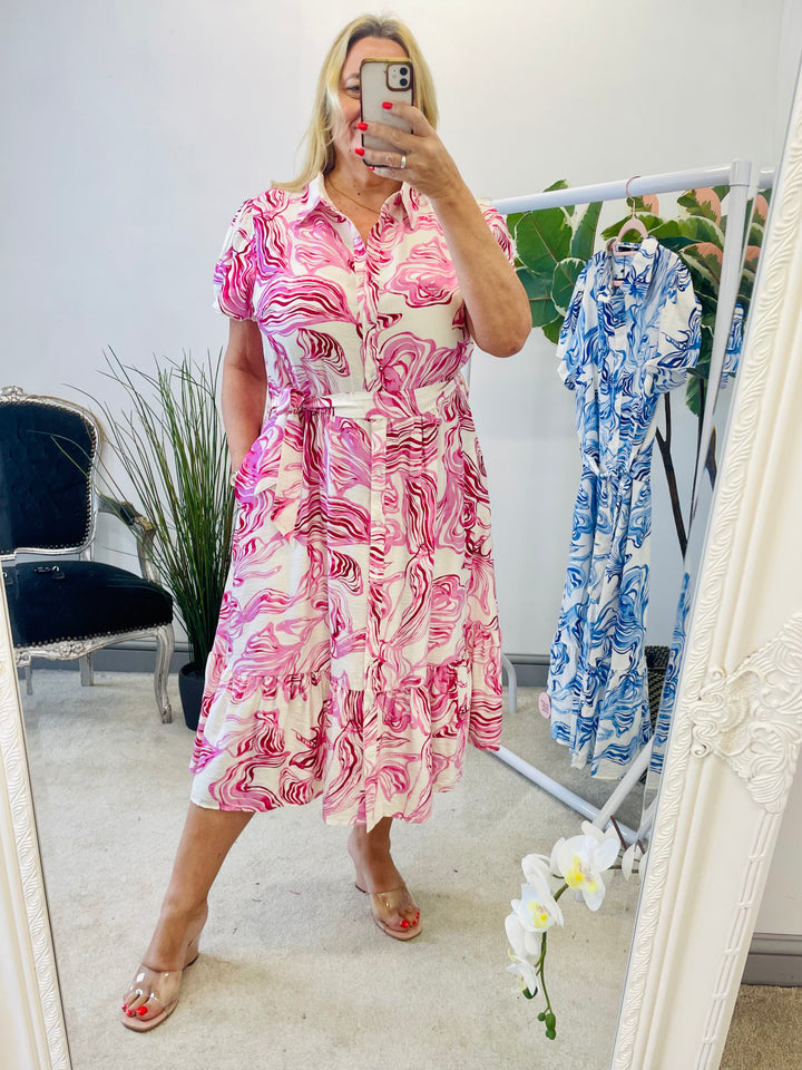 LADIES PINK SHIRT STYLE SUMMER MIDI DRESS