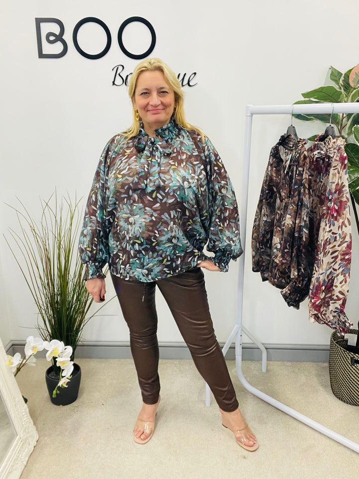 LADIES LEAF PRINT HIGH NECK BLOUSE - BEIGE, BROWN, TEAL