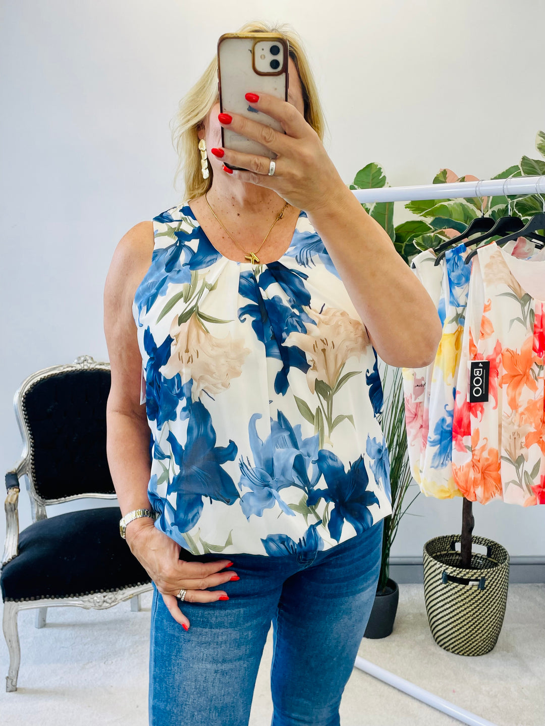 LADIES CHIFFON FLORAL PRINT TOP - PINK, ORANGE, NAVY, BLUE