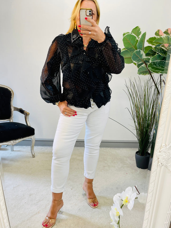 LADIES WOMENS SHEER DIAMANTE JEWELLED BLOUSE SHIRT - BLACK & WHITE