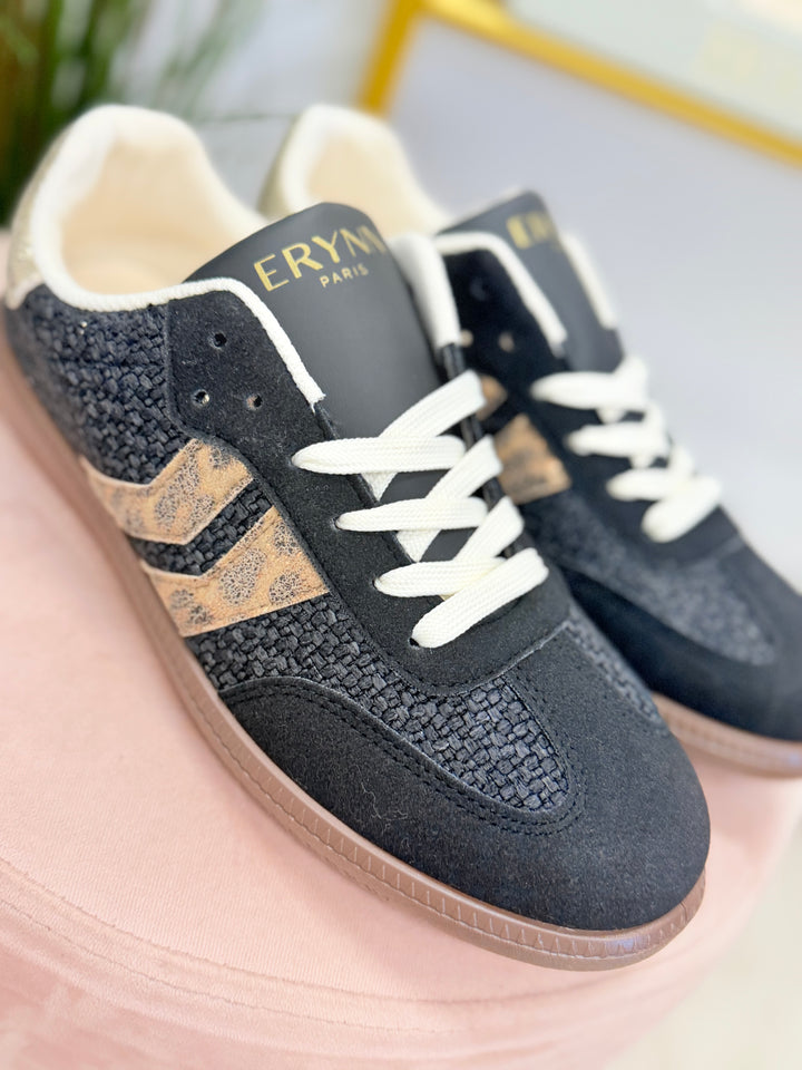 Ladies Fashion Black Flat Inspired Stripe Trainers 