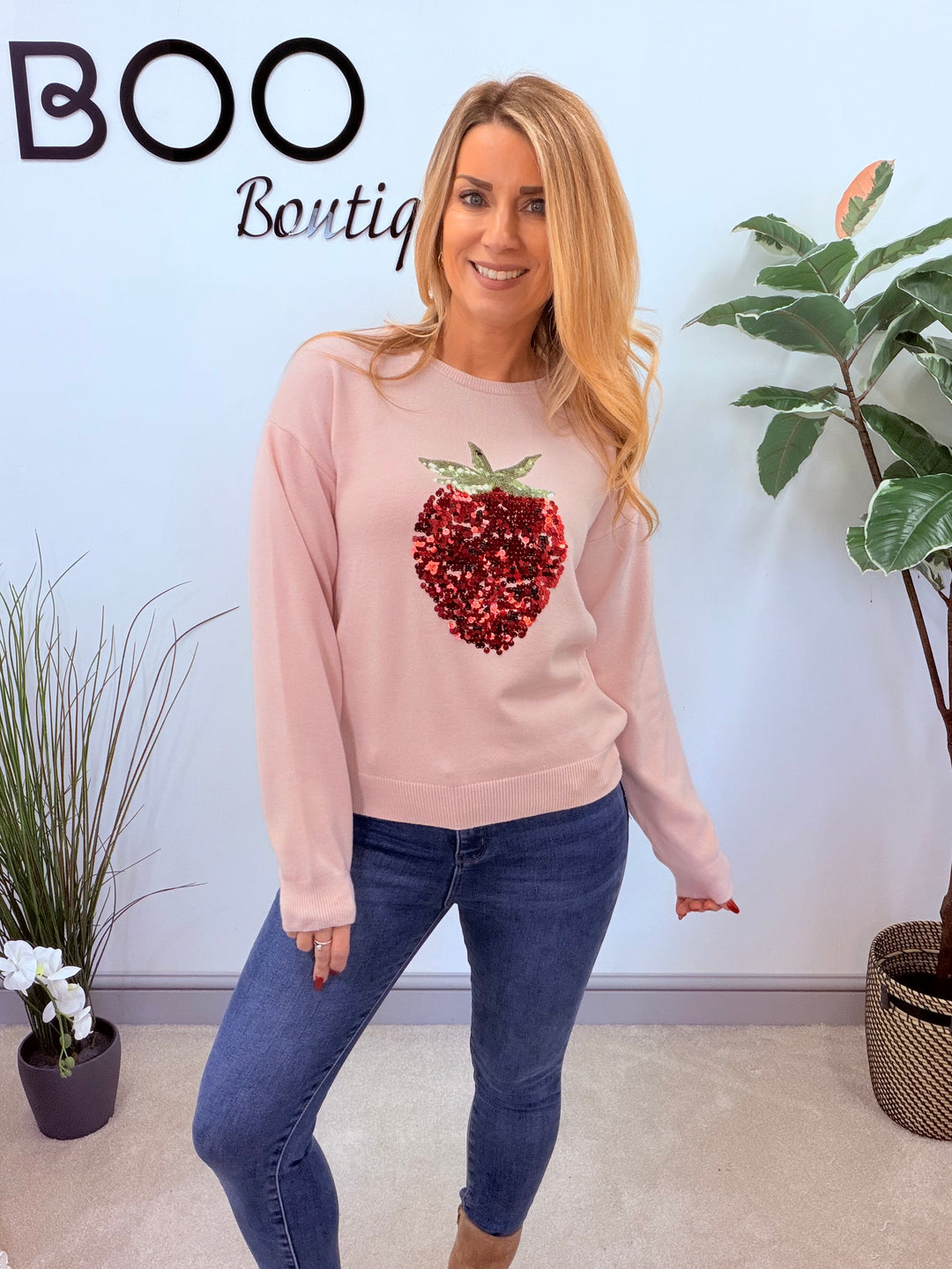 LADIES SEQUIN STRAWBERRY JUMPER - LEMON & PINK