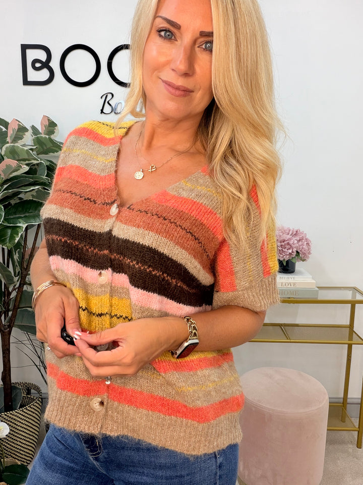 Ladies Fashion Orange/Brown Stripe Short Sleeve Cardigan