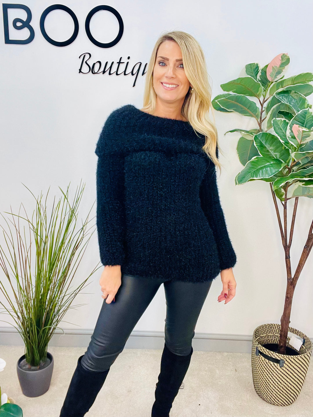 LADIES FLUFFY BARDOT JUMPER - NAVY, BLACK, WINE, MOCHA, BROWN, CREAM