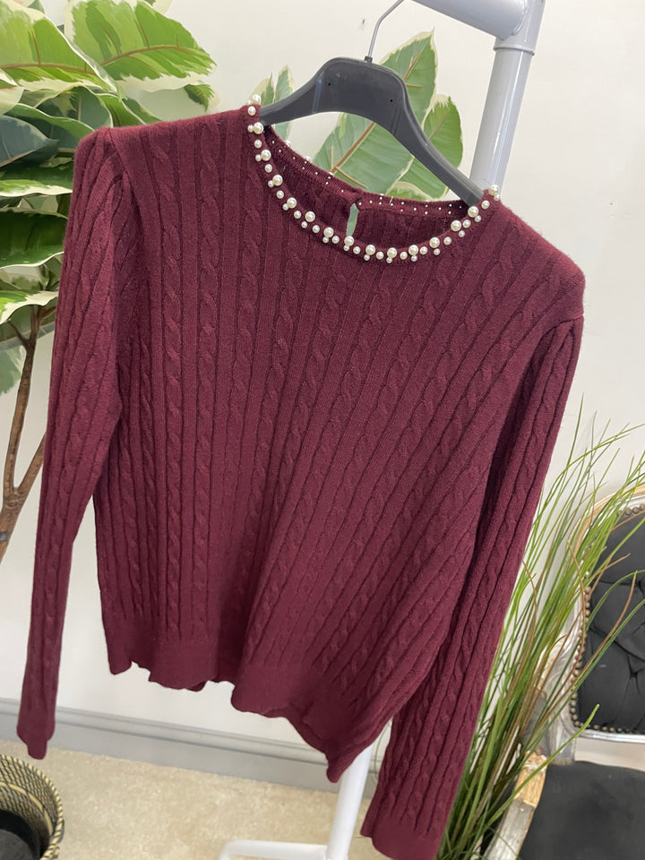 LADIES CABLE KNIT PEARL NECK JUMPER - BERRY, CREAM, BLACK, RED, BROWN
