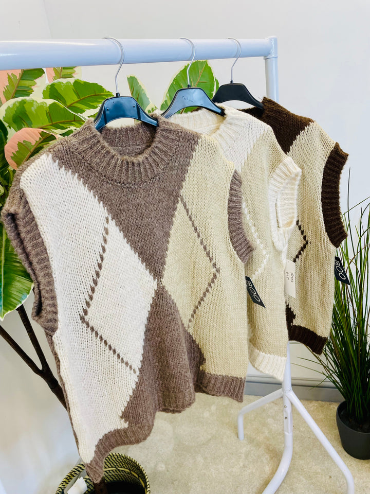 LADIES ARGYLE KNIT TANK TOP - MOCHA, BEIGE, BROWN