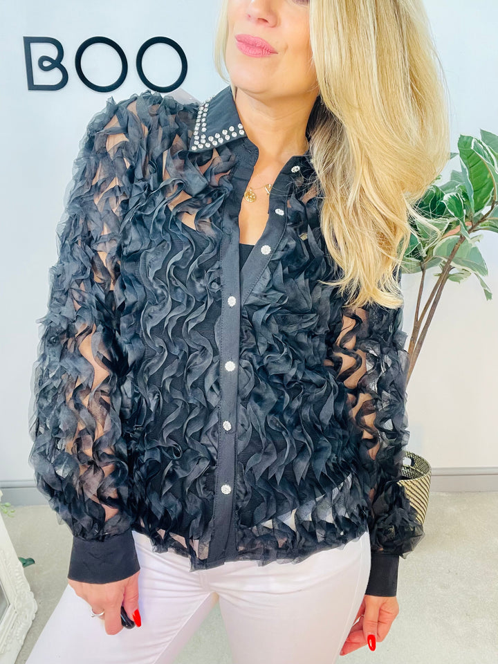 LADIES WOMENS BLACK SHEER RUFFLE DIAMANTE BLOUSE SHIRT TOP