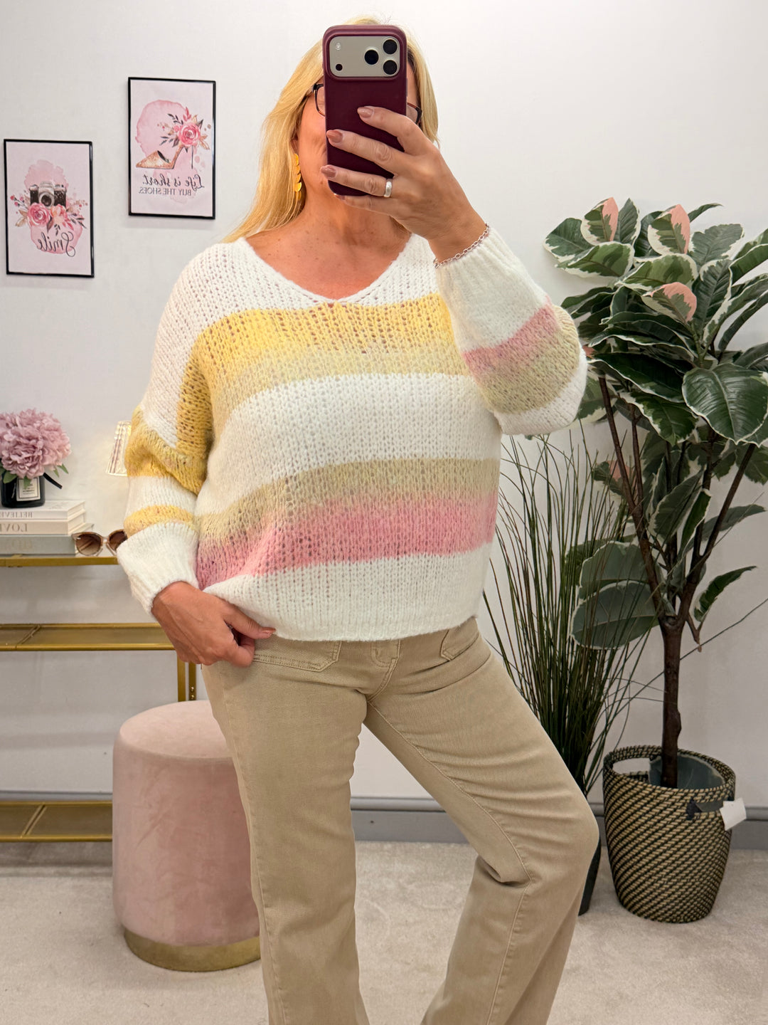 Ladies Fashion Stripe Slouch Chunky Knit Jumper - Mocha, Grey & Beige