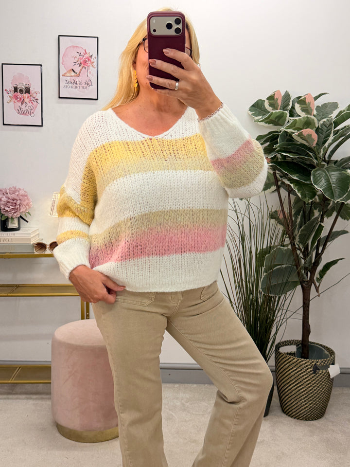 Ladies Fashion Stripe Slouch Chunky Knit Jumper - Mocha, Grey & Beige