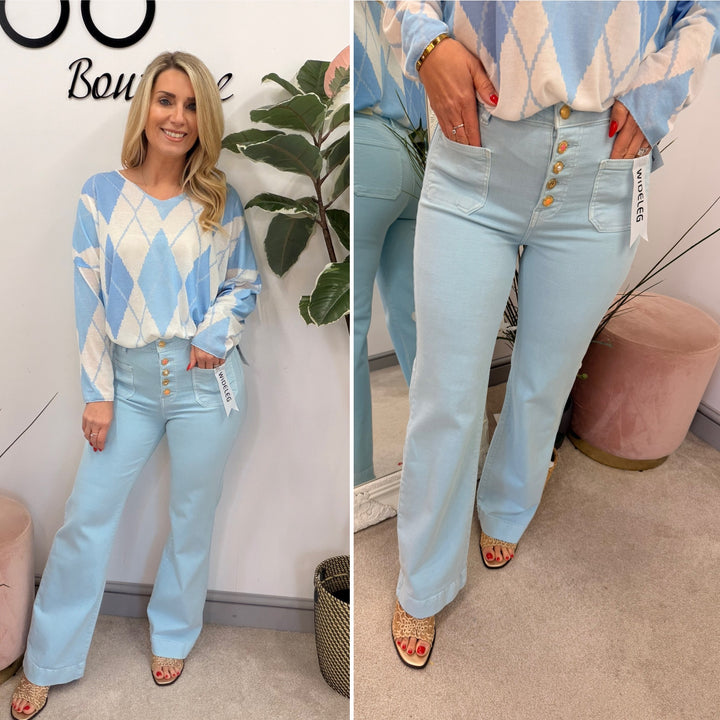 LADIES FASHION PALE BABY BLUE HIGH WAIST WIDE LEG JEANS