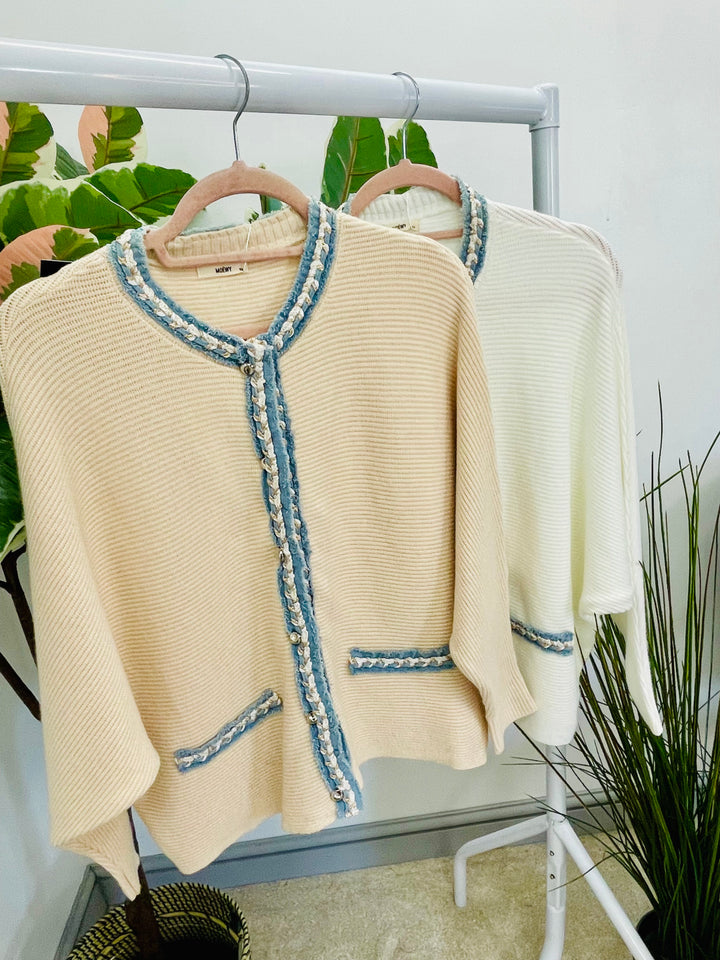LADIES RIB KNIT BATWING DENIM DETAIL CARDIGAN - WHITE & BEIGE