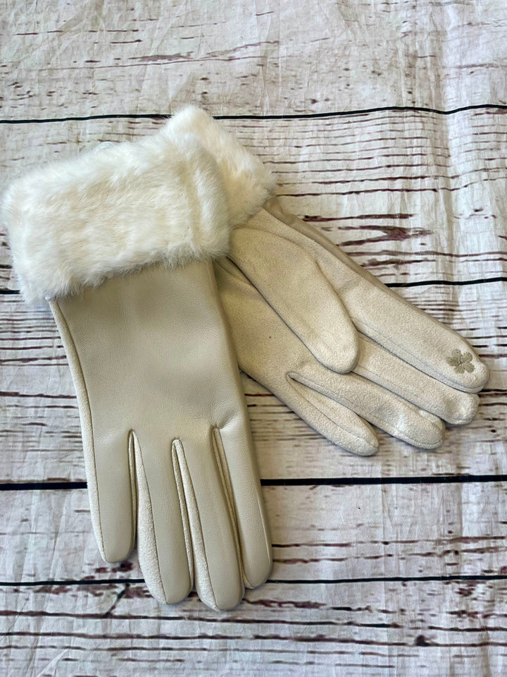 LADIES FAUX LEATHER & FUR GLOVES - BLACK, WINE, NAVY, BROWN, CREAM & MOCHA