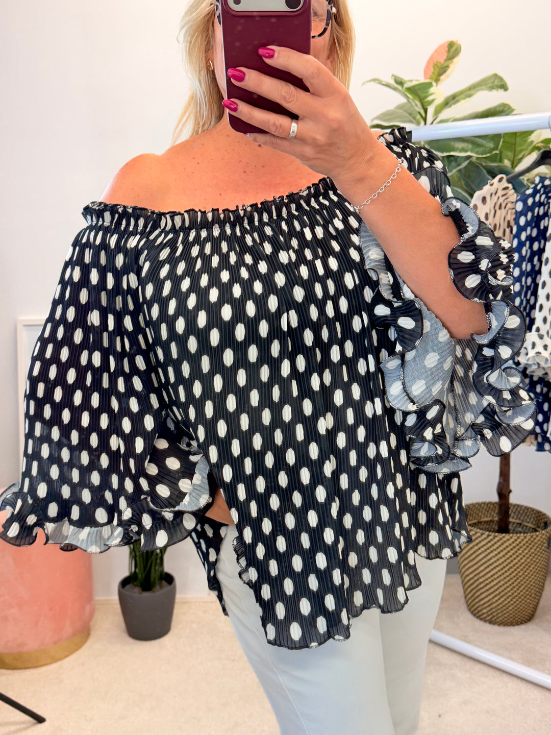 Ladies Pleated Polka Dot Bardot Top - White, Black, Navy & Beige