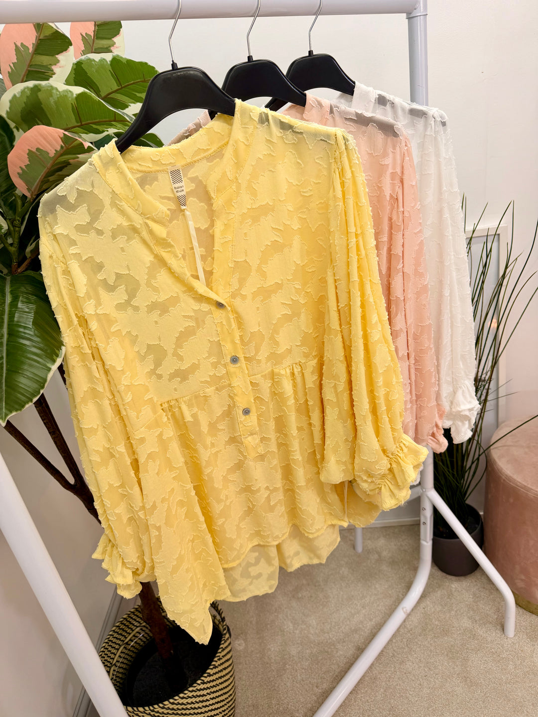 Ladies Fashion Smock V Neck Blouse Top - White, Lemon & Peach