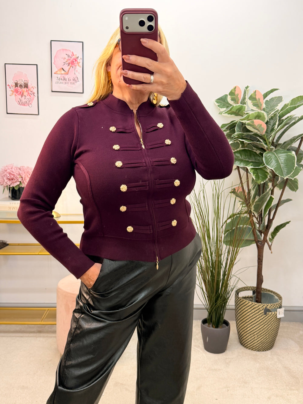 Ladies Fashion Military Knitted Cardigan Jumper - Black, Plum, Beige & Brown