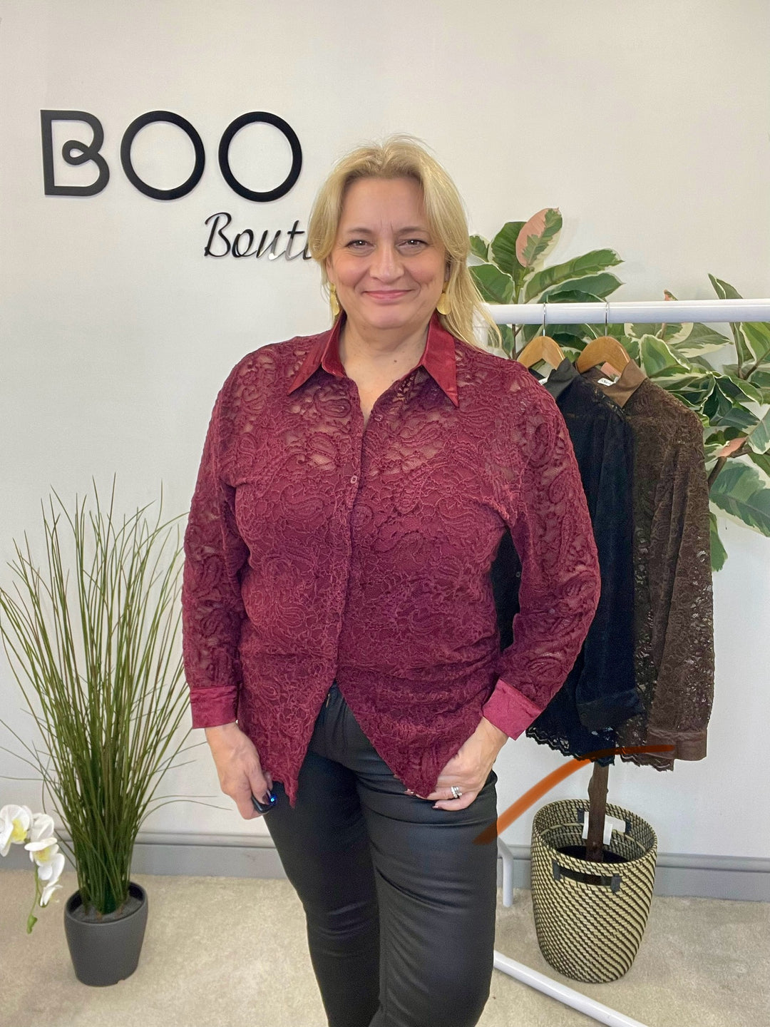 LADIES SHEER LACE BLOUSE SHIRT - BROWN, BLACK & BERRY